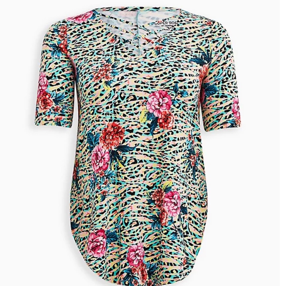 Floral Leopard Super Soft V-Neck Strappy Tunic - Picture 2 of 7
